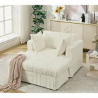 Causeuse en velours côtelé gris foncé / beige / gris clair avec pouf et oreillers, 1 place