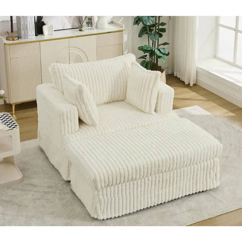 Causeuse en velours côtelé gris foncé / beige / gris clair avec pouf et oreillers, 1 place