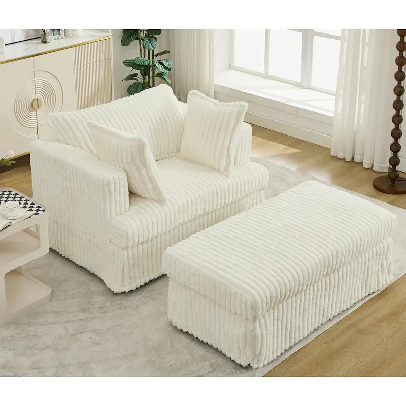 Causeuse en velours côtelé gris foncé / beige / gris clair avec pouf et oreillers, 1 place