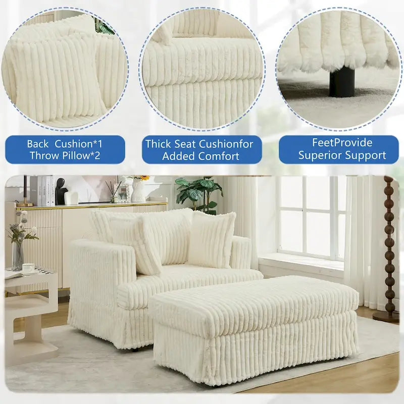 Causeuse en velours côtelé gris foncé / beige / gris clair avec pouf et oreillers, 1 place