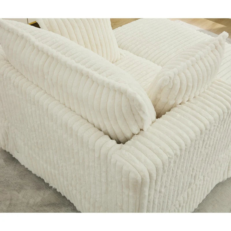 Causeuse en velours côtelé gris foncé / beige / gris clair avec pouf et oreillers, 1 place
