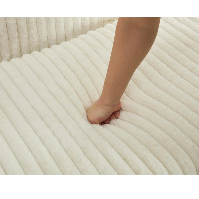 Causeuse en velours côtelé gris foncé / beige / gris clair avec pouf et oreillers, 1 place