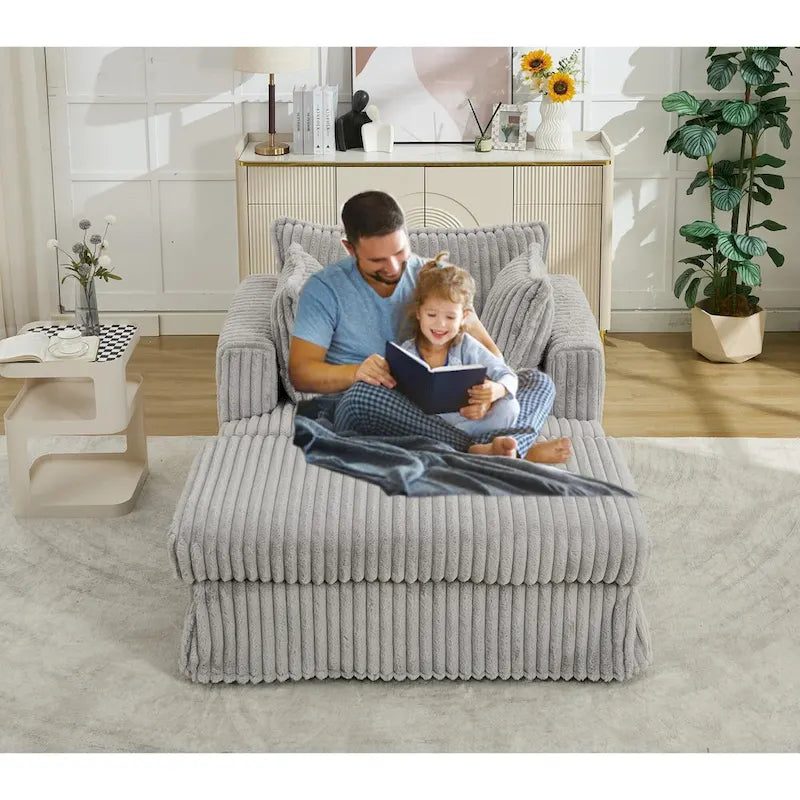 Causeuse en velours côtelé gris foncé / beige / gris clair avec pouf et oreillers, 1 place