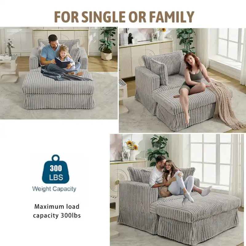 Causeuse en velours côtelé gris foncé / beige / gris clair avec pouf et oreillers, 1 place