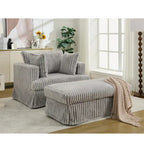 Causeuse en velours côtelé gris foncé / beige / gris clair avec pouf et oreillers, 1 place