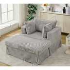 Causeuse en velours côtelé gris foncé / beige / gris clair avec pouf et oreillers, 1 place
