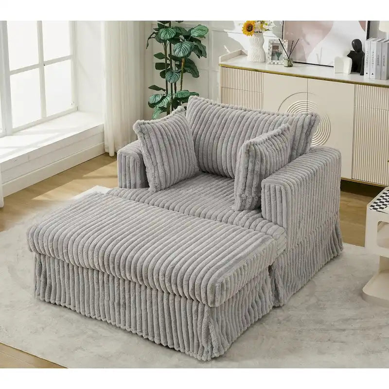 Causeuse en velours côtelé gris foncé / beige / gris clair avec pouf et oreillers, 1 place