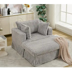 Causeuse en velours côtelé gris foncé / beige / gris clair avec pouf et oreillers, 1 place
