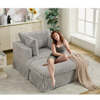 Causeuse en velours côtelé gris foncé / beige / gris clair avec pouf et oreillers, 1 place