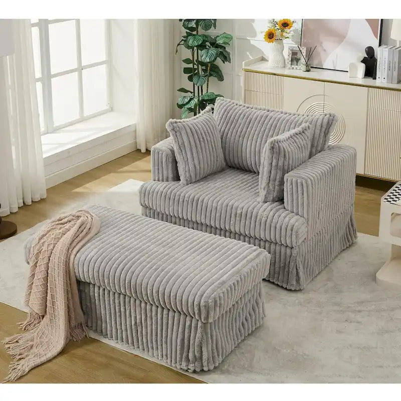 Causeuse en velours côtelé gris foncé / beige / gris clair avec pouf et oreillers, 1 place
