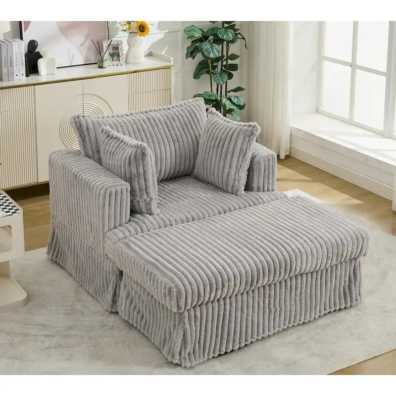 Causeuse en velours côtelé gris foncé / beige / gris clair avec pouf et oreillers, 1 place