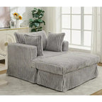 Causeuse en velours côtelé gris foncé / beige / gris clair avec pouf et oreillers, 1 place