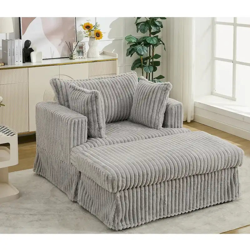 Causeuse en velours côtelé gris foncé / beige / gris clair avec pouf et oreillers, 1 place