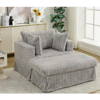 Causeuse en velours côtelé gris foncé / beige / gris clair avec pouf et oreillers, 1 place