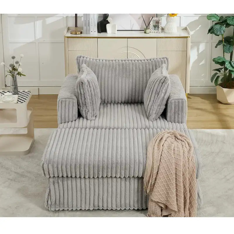 Causeuse en velours côtelé gris foncé / beige / gris clair avec pouf et oreillers, 1 place