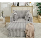 Causeuse en velours côtelé gris foncé / beige / gris clair avec pouf et oreillers, 1 place