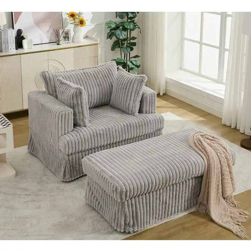 Causeuse en velours côtelé gris foncé / beige / gris clair avec pouf et oreillers, 1 place