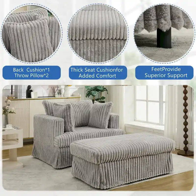 Causeuse en velours côtelé gris foncé / beige / gris clair avec pouf et oreillers, 1 place