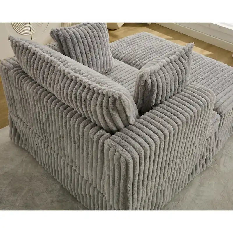 Causeuse en velours côtelé gris foncé / beige / gris clair avec pouf et oreillers, 1 place