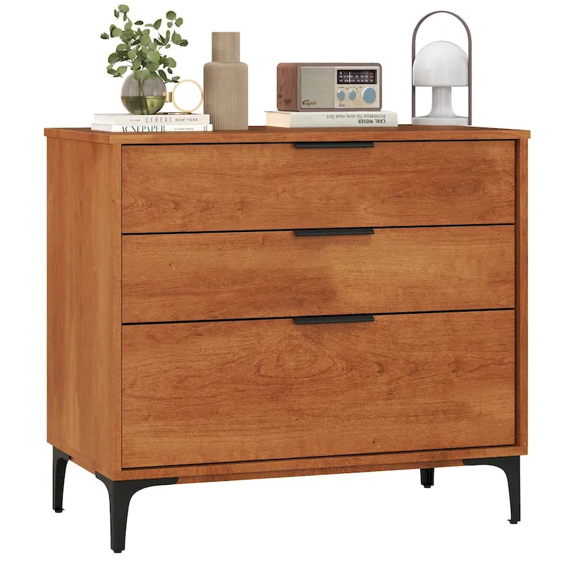 Commode 3 tiroirs marron avec pieds en métal, style Mid-Century, pour 1 personne