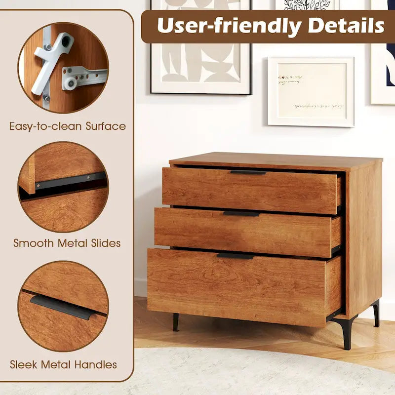 Commode 3 tiroirs marron avec pieds en métal, style Mid-Century, pour 1 personne