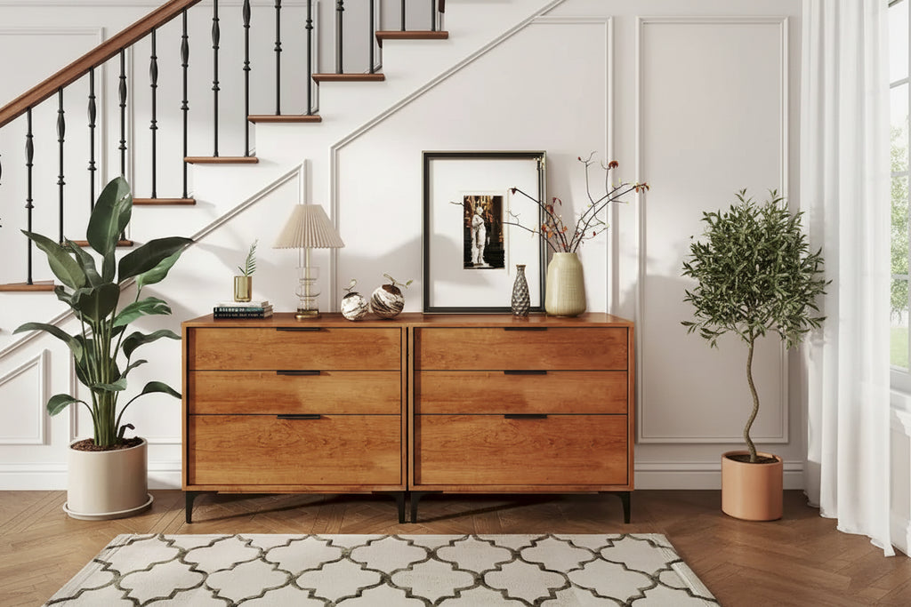 Commode 3 tiroirs marron avec pieds en métal, style Mid-Century, pour 1 personne