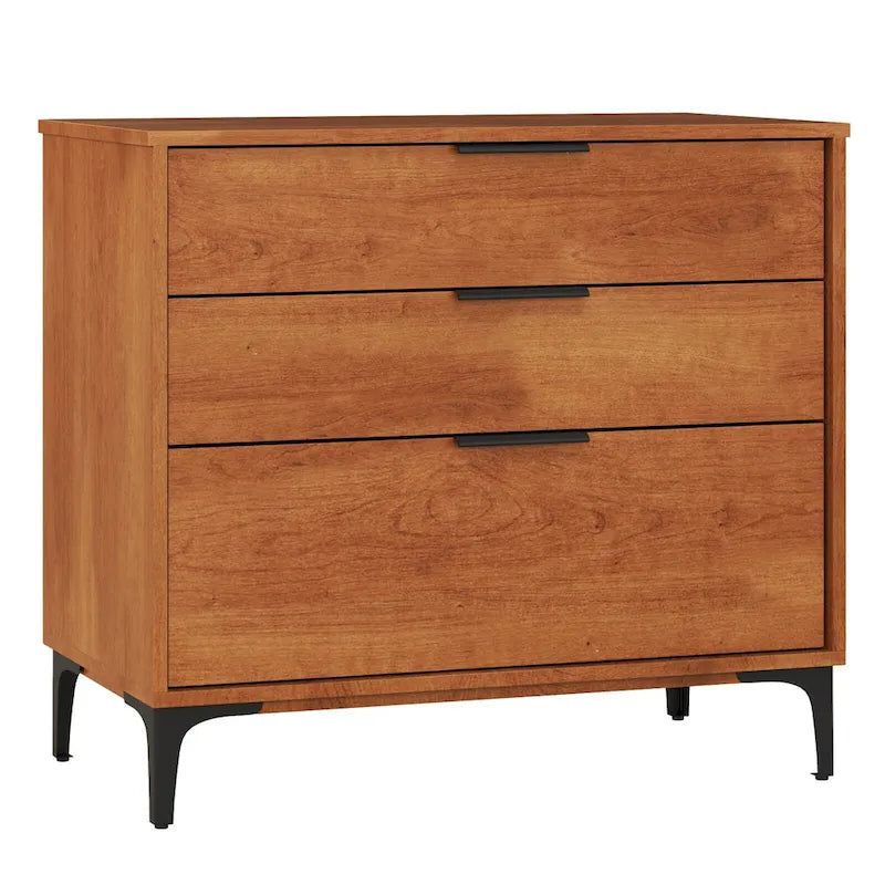 Commode 3 tiroirs marron avec pieds en métal, style Mid-Century, pour 1 personne