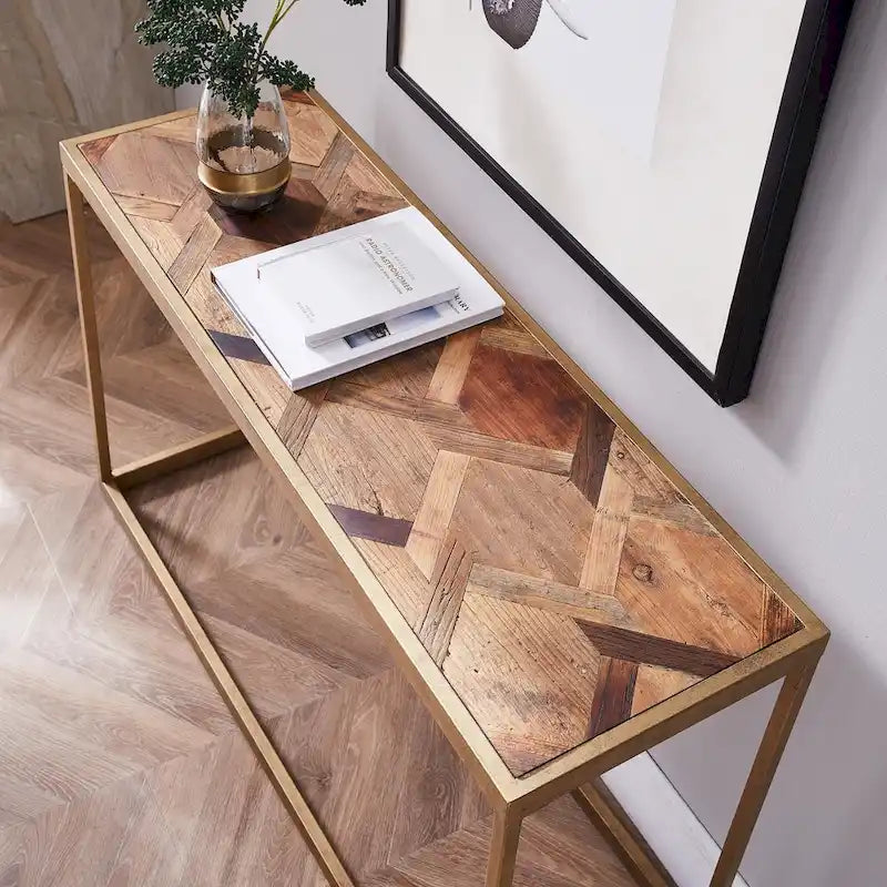 Console en bois recyclé et laiton antique, style ferme, assemblage par 1 personne