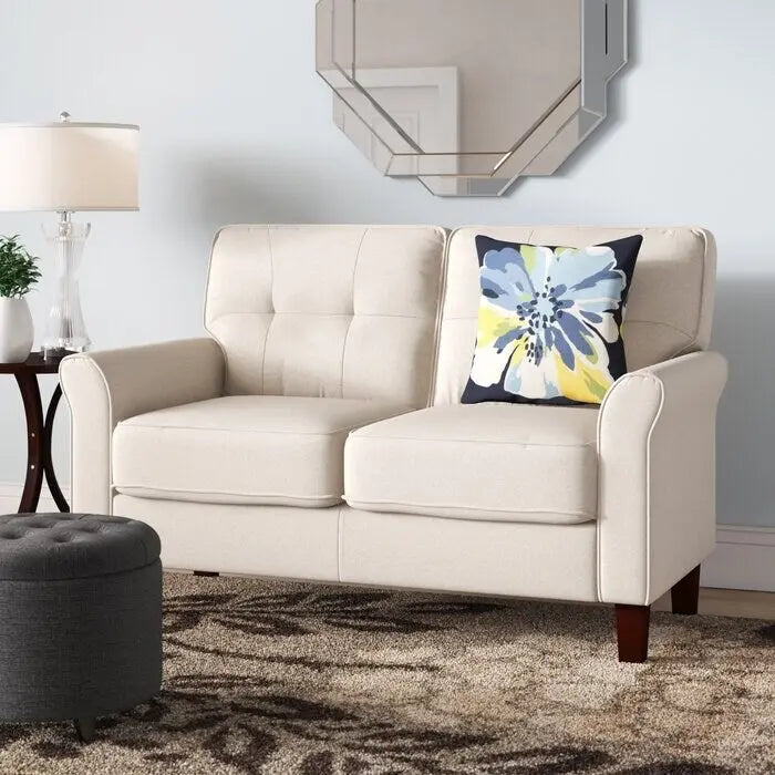 Causeuse à accoudoirs évasés en lin gris clair / gris foncé / beige, 2 places, 138,4 cm