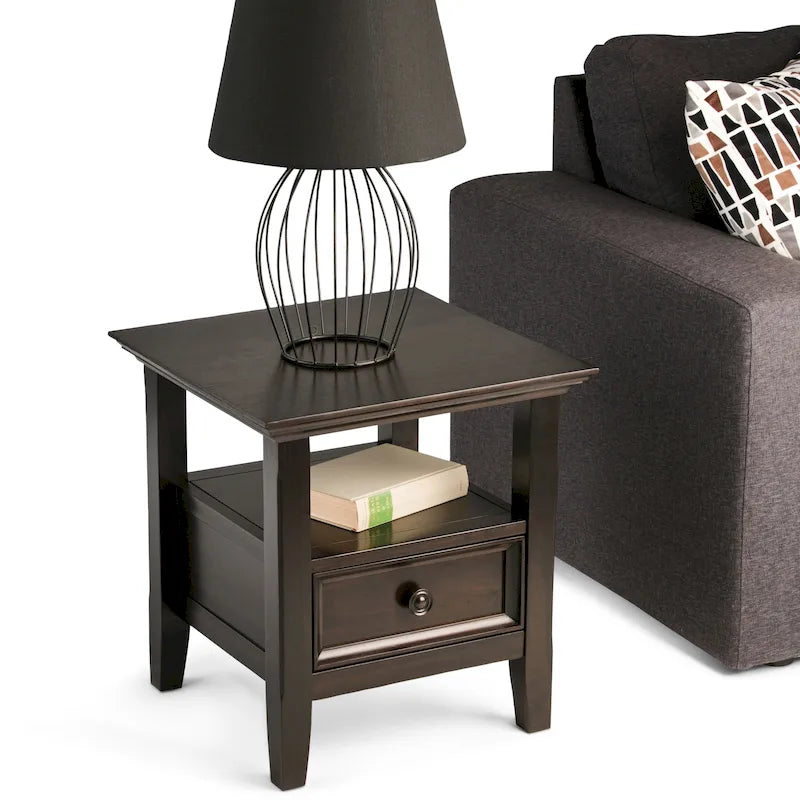 Table d'appoint carrée en bois massif avec tiroir et étagère – 10 couleurs, 48 cm L x 51 cm H