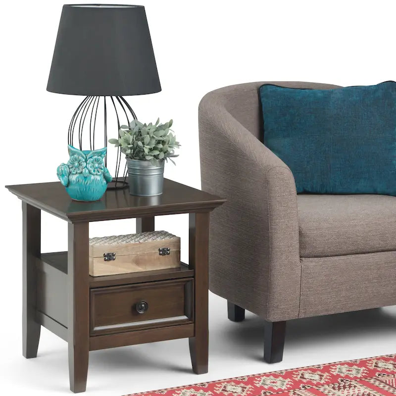 Table d'appoint carrée en bois massif avec tiroir et étagère – 10 couleurs, 48 cm L x 51 cm H