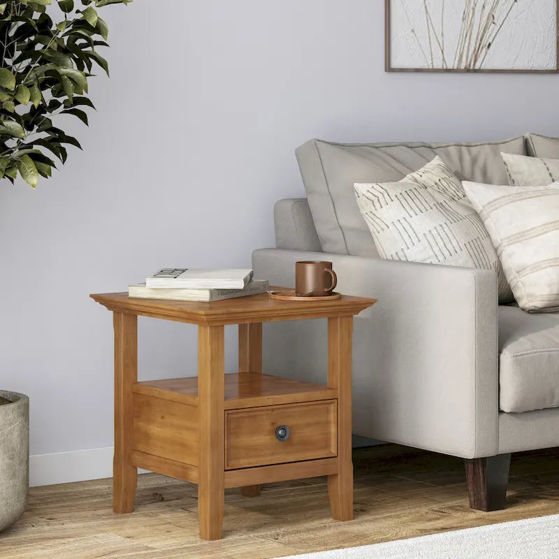 Table d'appoint carrée en bois massif avec tiroir et étagère – 10 couleurs, 48 cm L x 51 cm H