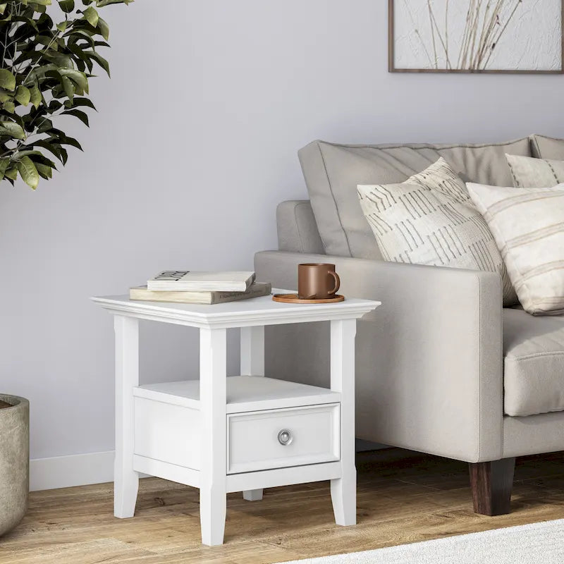 Table d'appoint carrée en bois massif avec tiroir et étagère – 10 couleurs, 48 cm L x 51 cm H