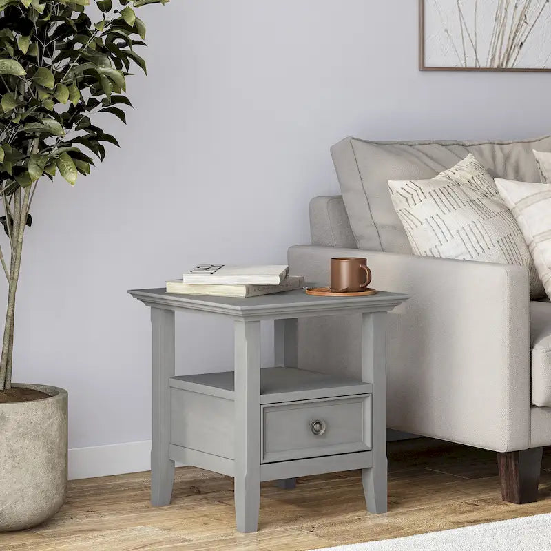 Table d'appoint carrée en bois massif avec tiroir et étagère – 10 couleurs, 48 cm L x 51 cm H