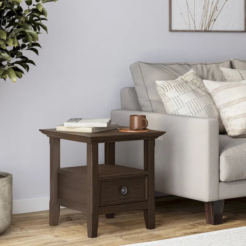 Table d'appoint carrée en bois massif avec tiroir et étagère – 10 couleurs, 48 cm L x 51 cm H
