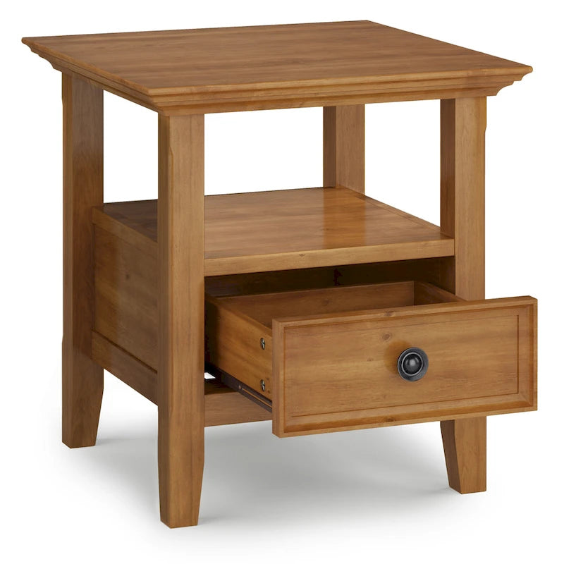 Table d'appoint carrée en bois massif avec tiroir et étagère – 10 couleurs, 48 cm L x 51 cm H
