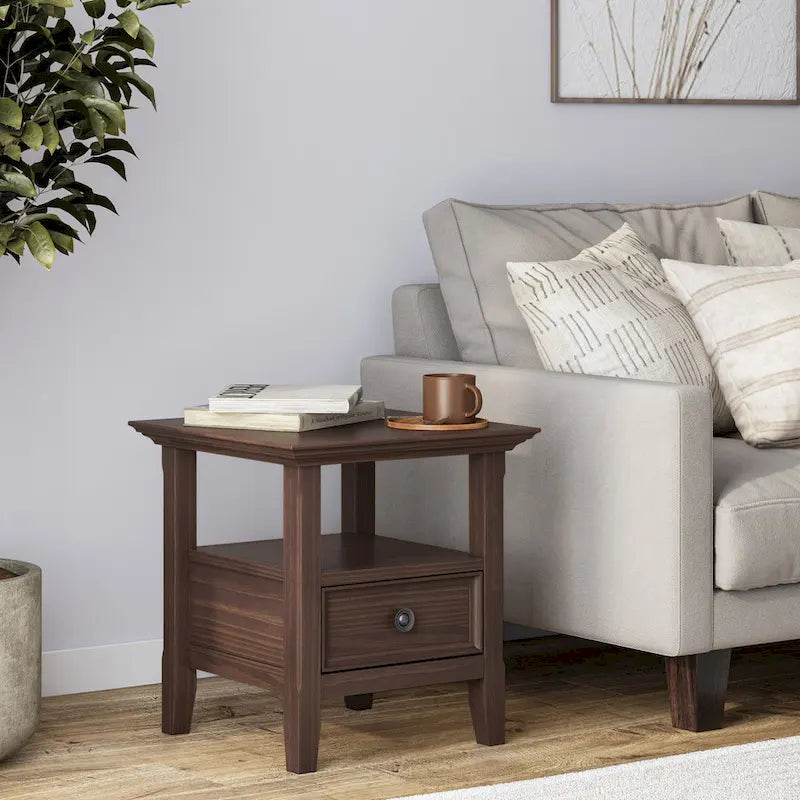 Table d'appoint carrée en bois massif avec tiroir et étagère – 10 couleurs, 48 cm L x 51 cm H
