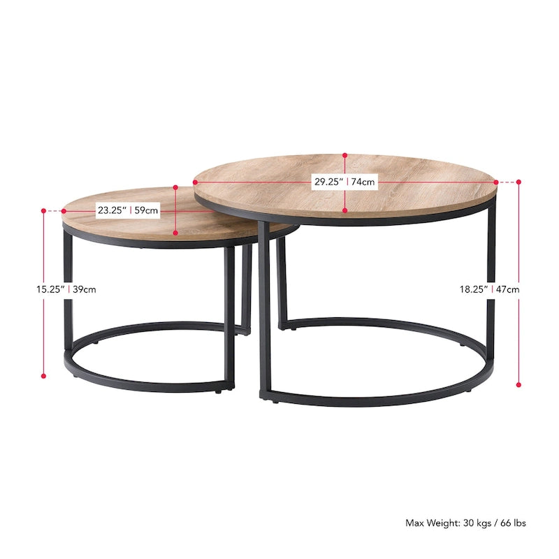 Tables basses gigognes brun clair et blanches, style moderne, ensemble de 2