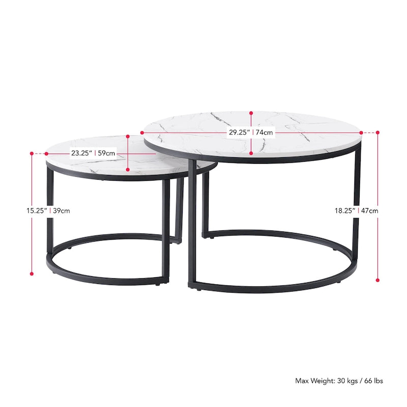 Tables basses gigognes brun clair et blanches, style moderne, ensemble de 2