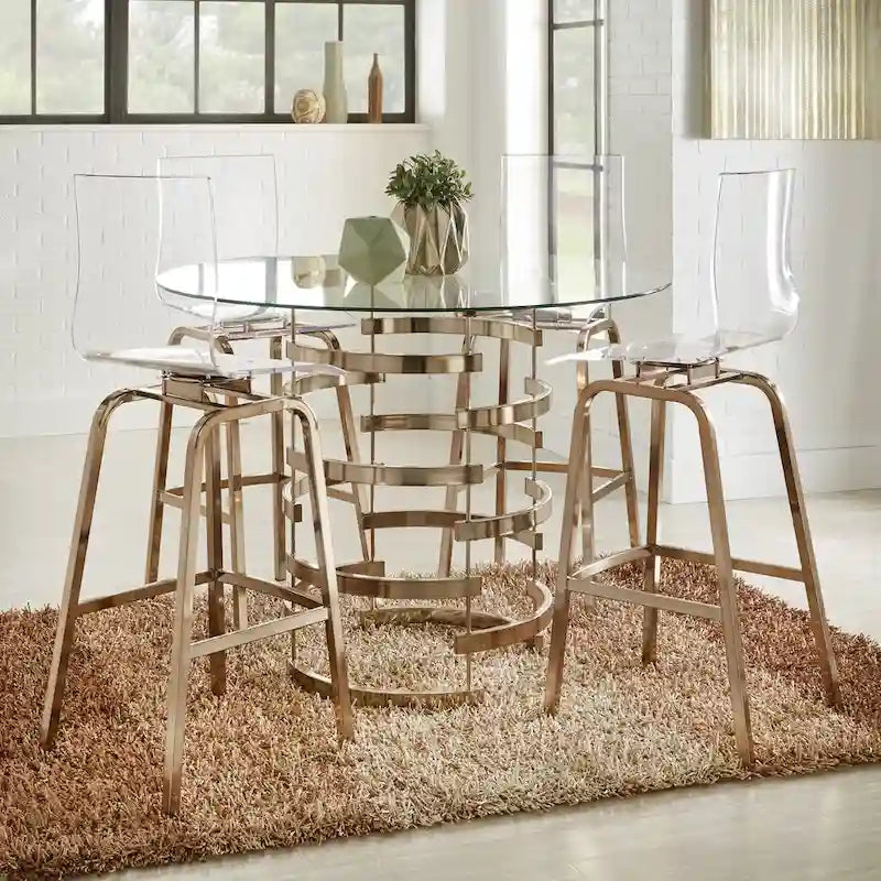 Ensemble de salle à manger rond 5 places à hauteur de comptoir avec plateau en verre Champagne doré / Chrome