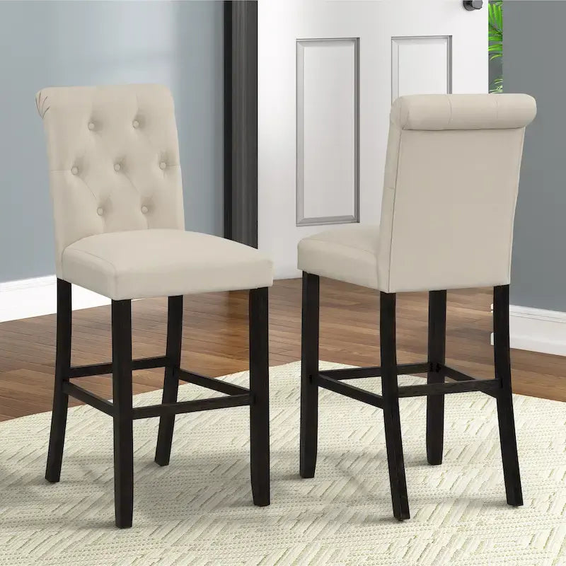 Tabouret de bar rembourré capitonné avec pieds en bois, lot de 2 (fauve / bleu / gris)