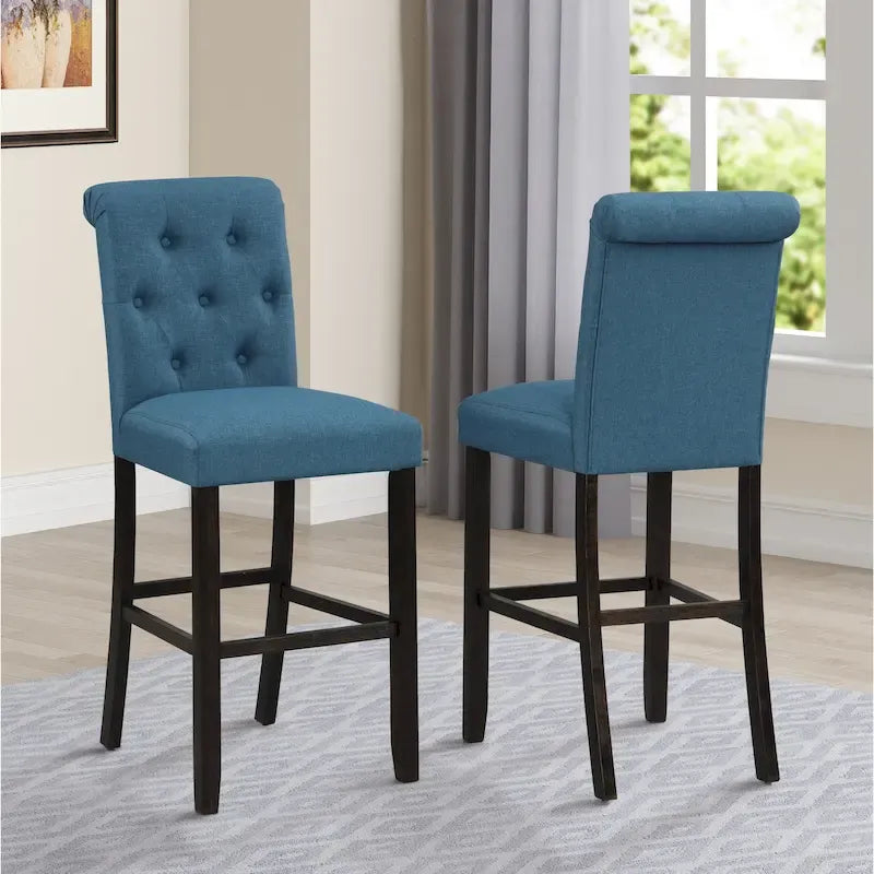 Tabouret de bar rembourré capitonné avec pieds en bois, lot de 2 (fauve / bleu / gris)