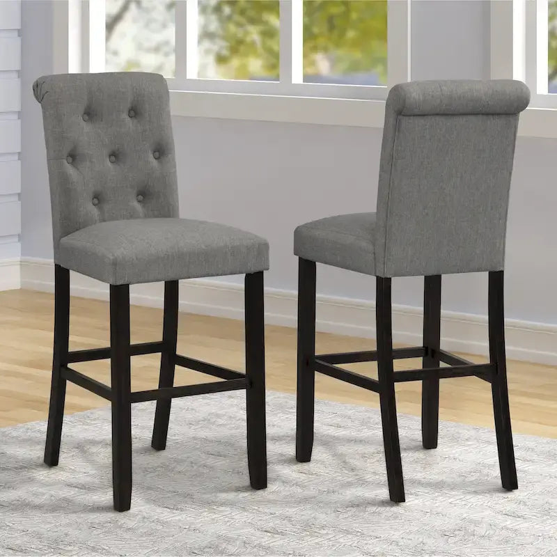 Tabouret de bar rembourré capitonné avec pieds en bois, lot de 2 (fauve / bleu / gris)