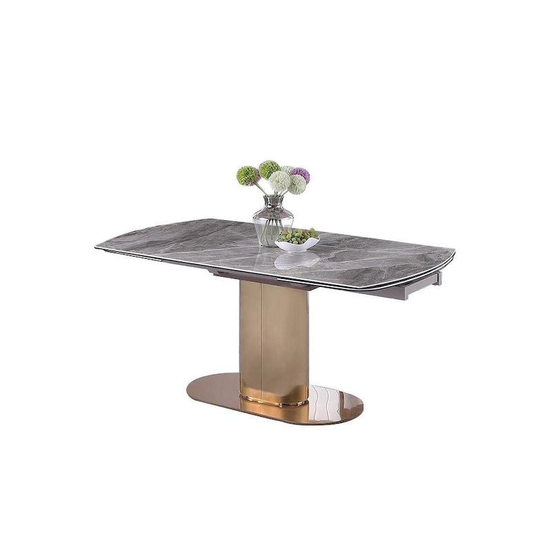 Table à manger extensible en pierre frittée, coloris Or et Gris, 6 à 8 places