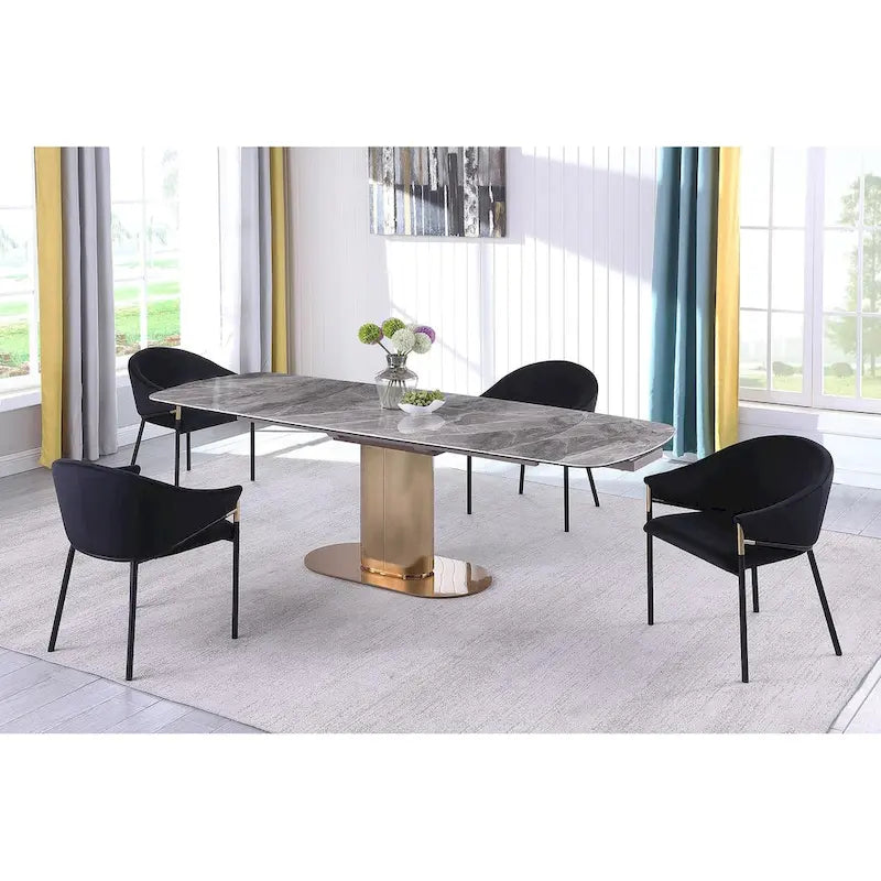 Table à manger extensible en pierre frittée, coloris Or et Gris, 6 à 8 places