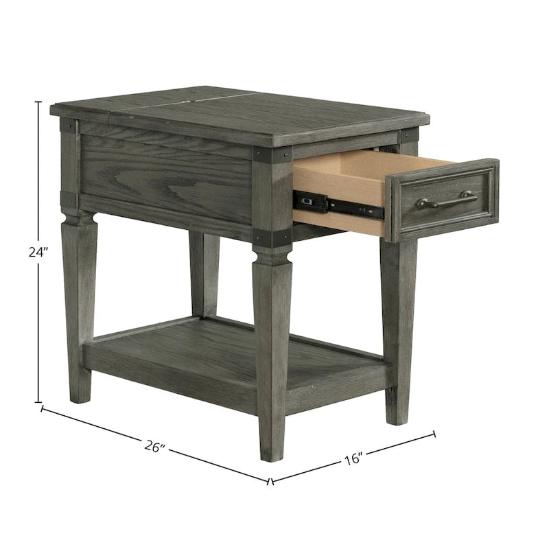 Table d'appoint de chevet en étain brossé avec tiroir et étagère