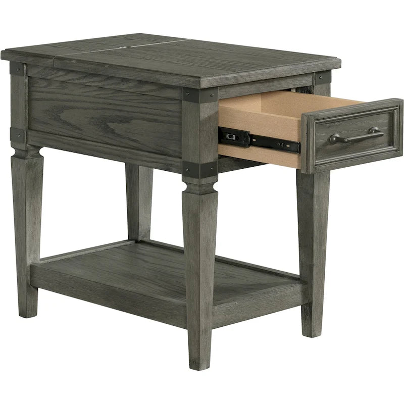 Table d'appoint de chevet en étain brossé avec tiroir et étagère