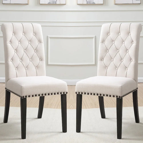 Rolled Back Design Button Tufted Beige Dining Chairs with Nailhead Trim (Set of 2)