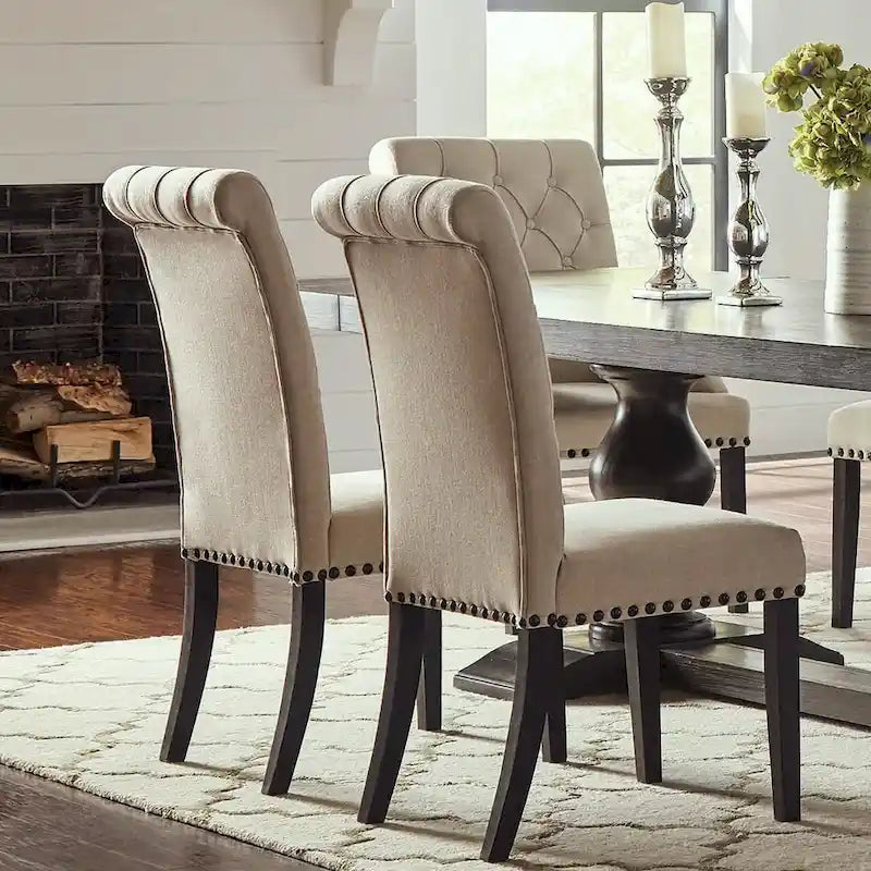Chaise de salle à manger beige à dossier roulé et touffeté, lot de 2