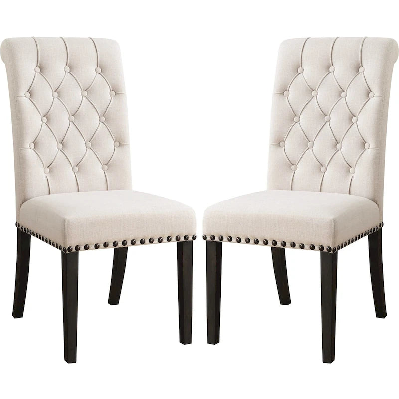 Chaise de salle à manger beige à dossier roulé et touffeté, lot de 2